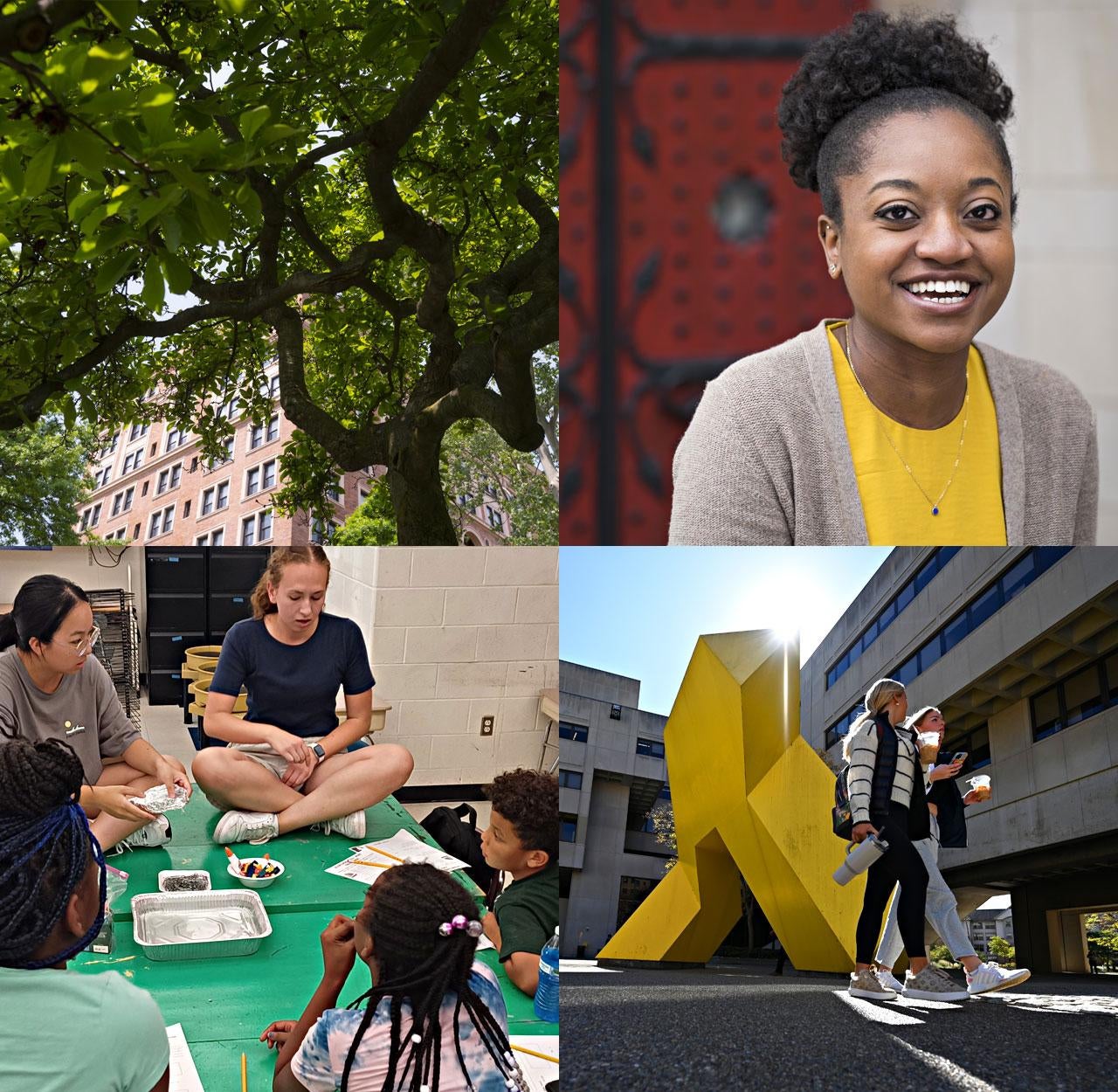 four photos of students and campus